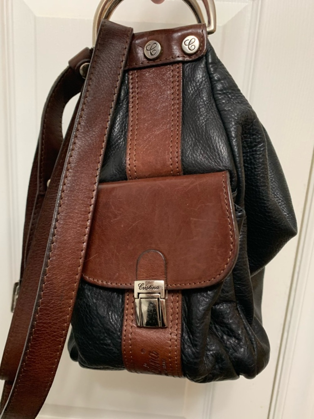 Vintage Pebbled Italian Leather Double Zip Adjustable Crossbody Shoulder Bag